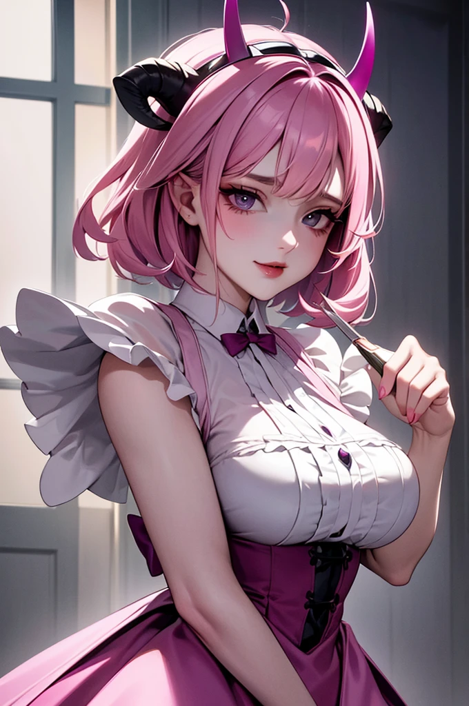 butler outfit, short pink hair, hypdertailed, purples eyes, ashen skin, demon, claws, goat horns, bangss, gothic art, full body shot shot, elegant pose, ssmile, Romanticism, work of art, anatomically correcte, high qualiy, super detaill, best qualityer, 4K, 8k, Perfect Woman, the most beautiful woman, her face has to be symmetrical and beautiful, baby pink hair