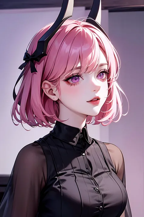 butler outfit, short pink hair, hypdertailed, purples eyes, ashen skin, demon, claws, goat horns, bangss, gothic art, full body ...