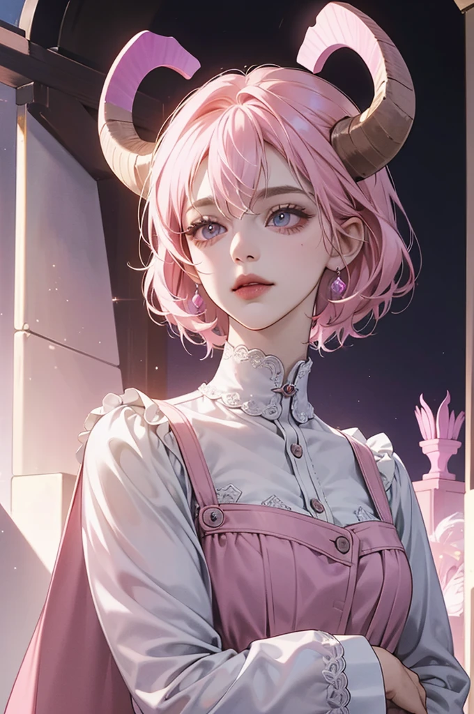 butler outfit, short pink hair, hypdertailed, purples eyes, ashen skin, demon, claws, goat horns, bangss, gothic art, full body shot shot, elegant pose, ssmile, Romanticism, work of art, anatomically correcte, high qualiy, super detaill, best qualityer, 4K, 8k, Perfect Woman, the most beautiful woman, her face has to be symmetrical and beautiful, baby pink hair