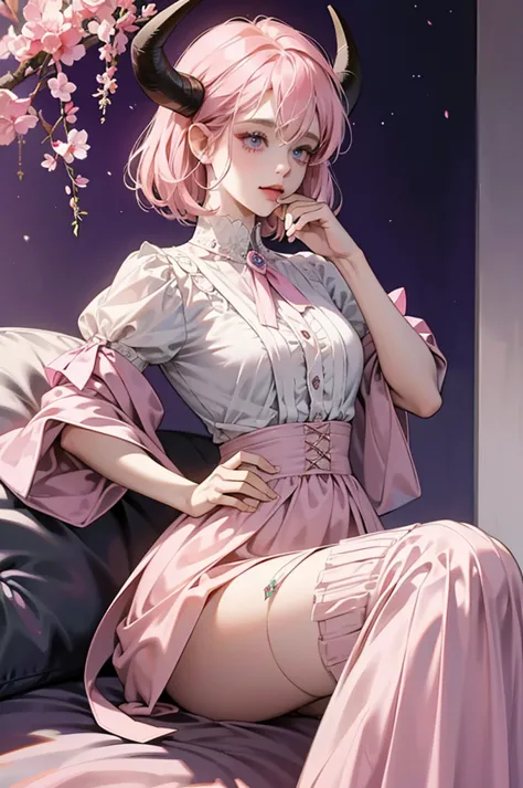 butler outfit, short pink hair, hypdertailed, purples eyes, ashen skin, demon, claws, goat horns, bangss, gothic art, full body ...