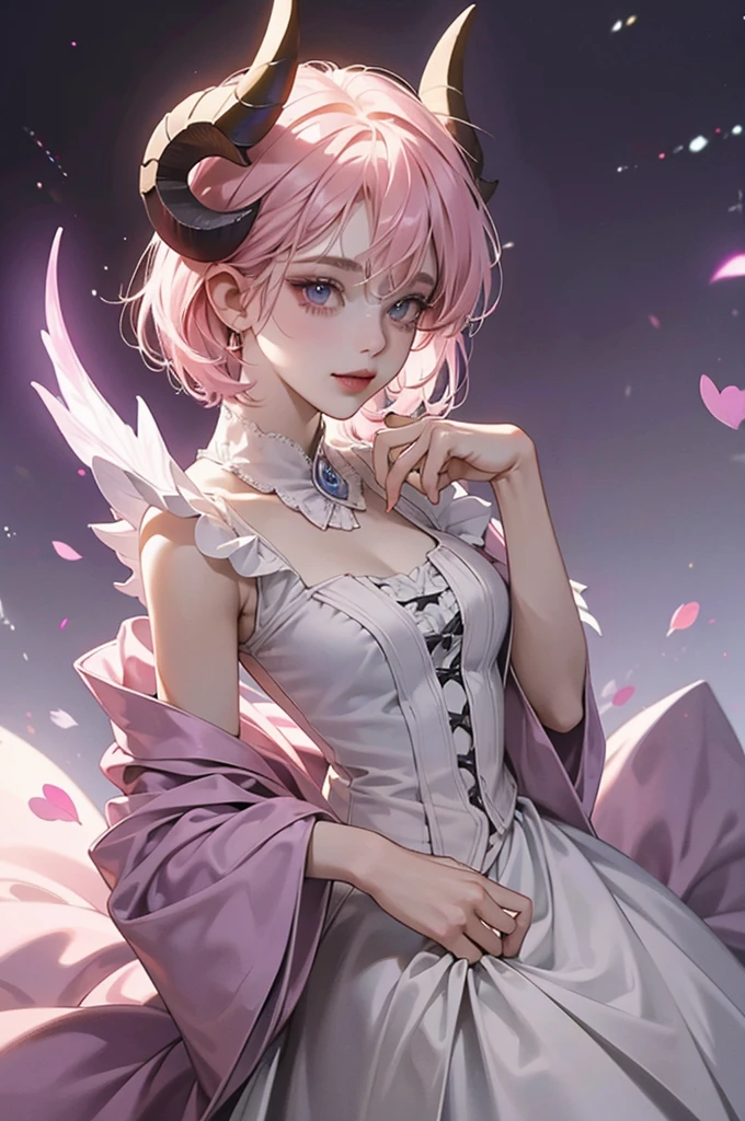 butler outfit, short pink hair, hypdertailed, purples eyes, ashen skin, demon, claws, goat horns, bangss, gothic art, full body shot shot, elegant pose, ssmile, Romanticism, work of art, anatomically correcte, high qualiy, super detaill, best qualityer, 4K, 8k, Perfect Woman, the most beautiful woman, her face has to be symmetrical and beautiful, baby pink hair