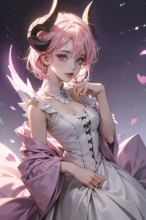 butler outfit, short pink hair, hypdertailed, purples eyes, ashen skin, demon, claws, goat horns, bangss, gothic art, full body ...