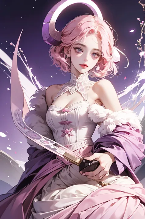 butler outfit, short pink hair, hypdertailed, purples eyes, ashen skin, demon, claws, goat horns, bangss, gothic art, full body ...