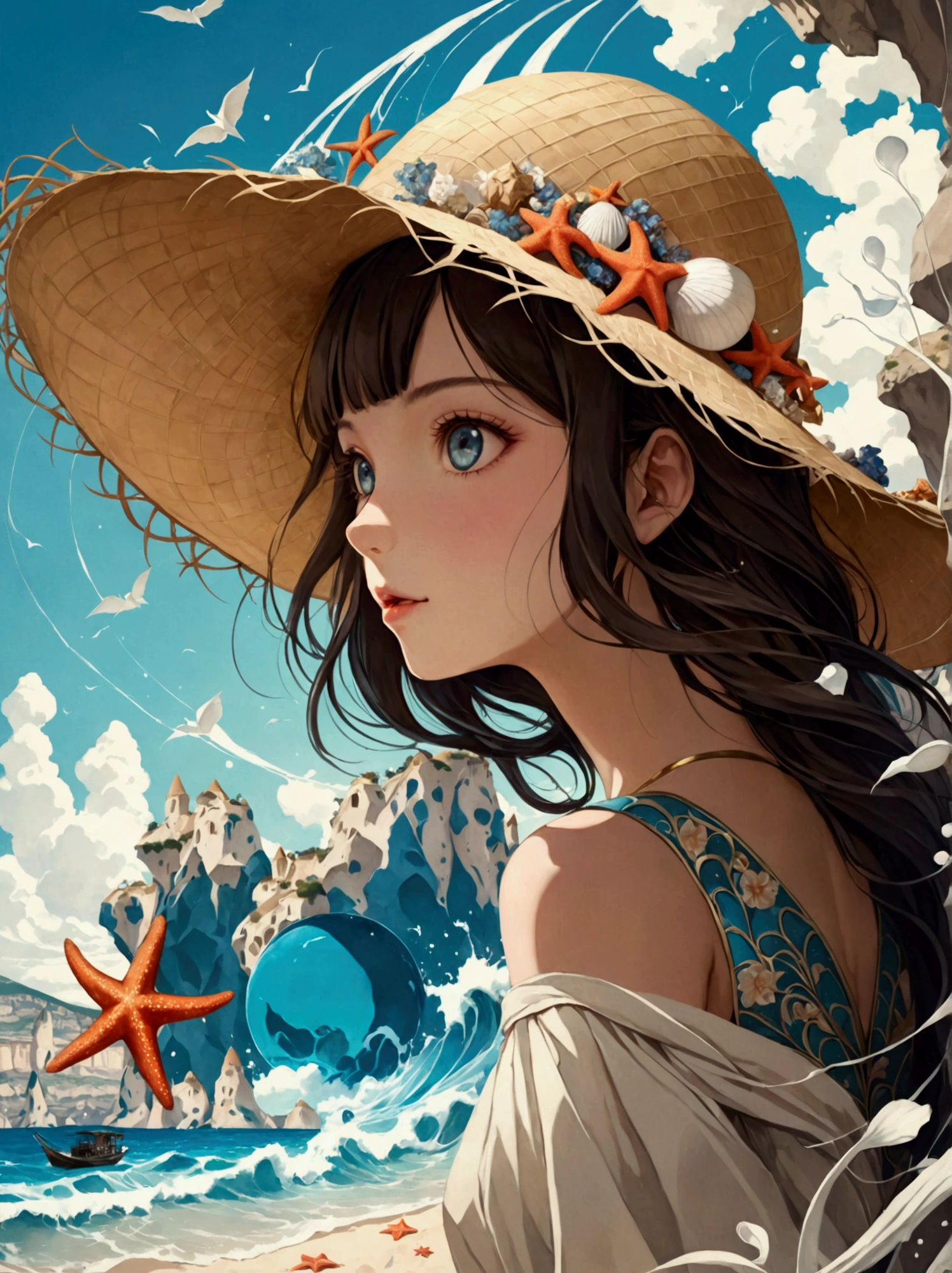 Illustration d&#39;une jeune fille portant un chapeau de paille，Étourdi，(La fille est représentée grande:1.4)，Style japonais，Vagues éclaboussant sur la plage，Étoile de mer，Coquilles blanches，Fond de mer bleu émeraude，fragments de cumulonimbus，Meilleure qualité，Ultra haute résolution，Nombre d&#39;or，Le coefficient maximum，Cappadoce