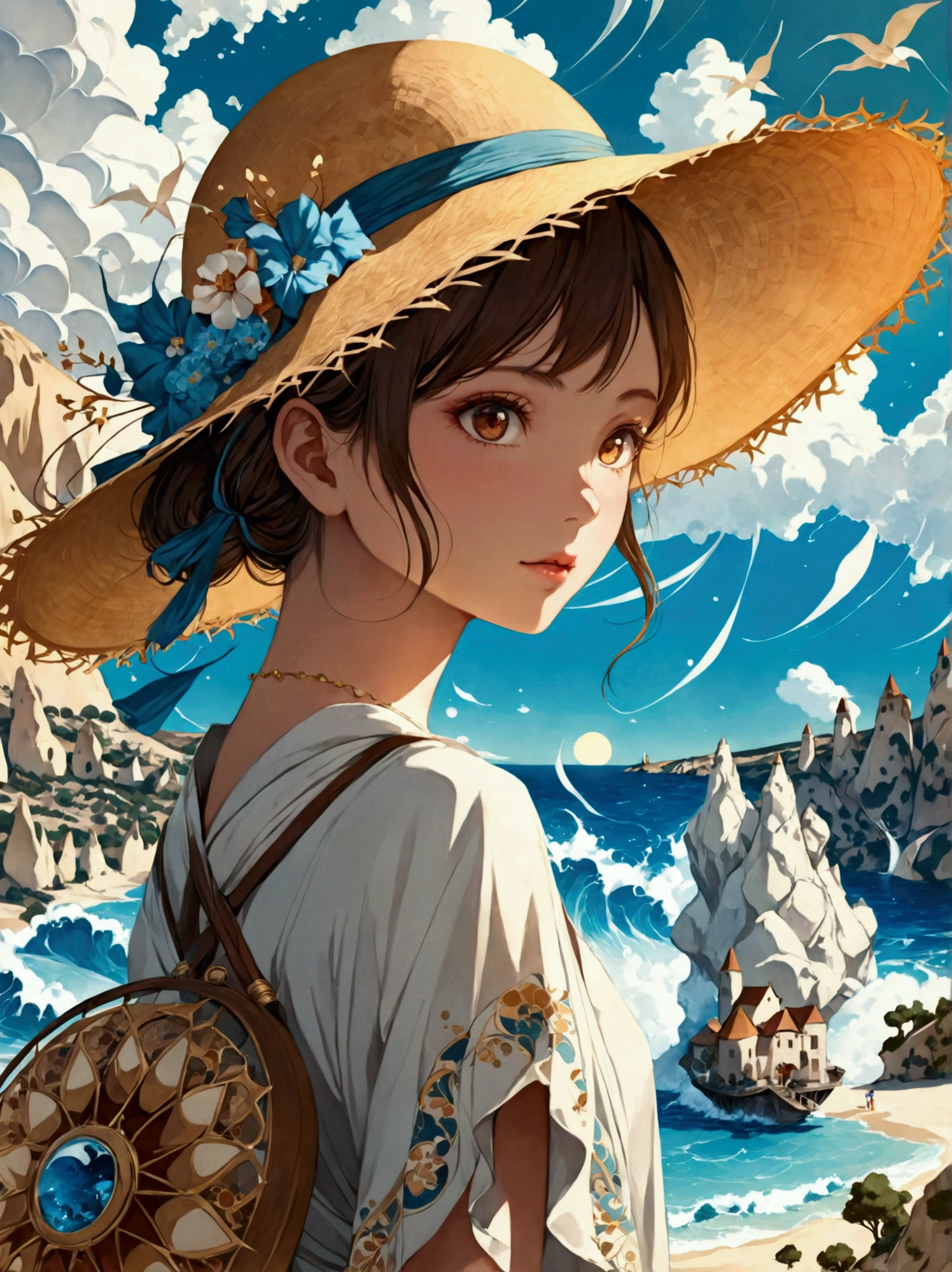 Illustration d&#39;une jeune fille portant un chapeau de paille，Étourdi，(La fille est représentée grande:1.4)，Style japonais，Vagues éclaboussant sur la plage，Étoile de mer，Coquilles blanches，Fond de mer bleu émeraude，fragments de cumulonimbus，Meilleure qualité，Ultra haute résolution，Nombre d&#39;or，Le coefficient maximum，Cappadoce