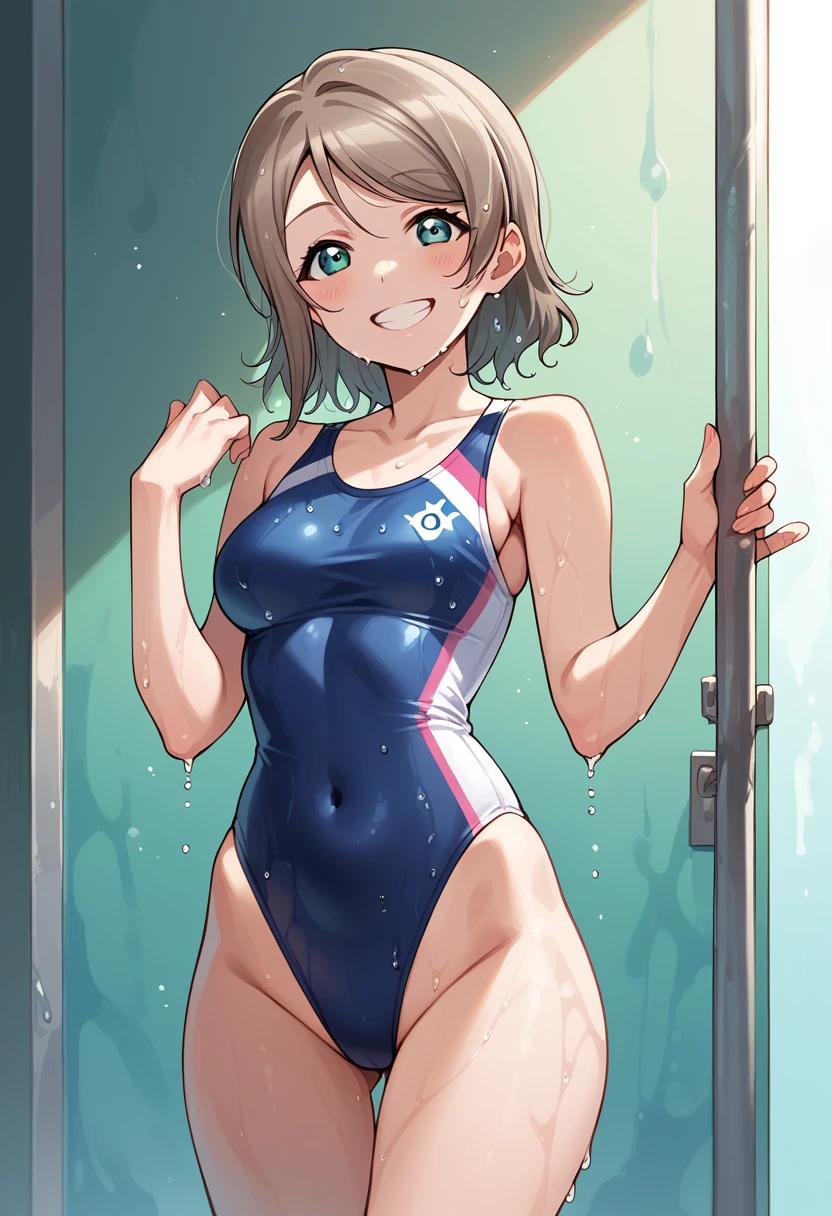 (Masterpiece), cowboy shot,solo, Watanabe you, wet, standing, grin, high-leg swimsuit, slippery skin