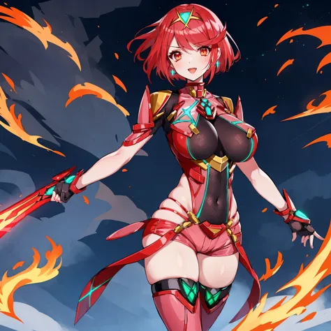 pyra \(xenoblade\), young_teen_1girl, armor, bangs, black gloves, breasts, red eyes, closed mouth, earrings, eyelashes, fingerle...