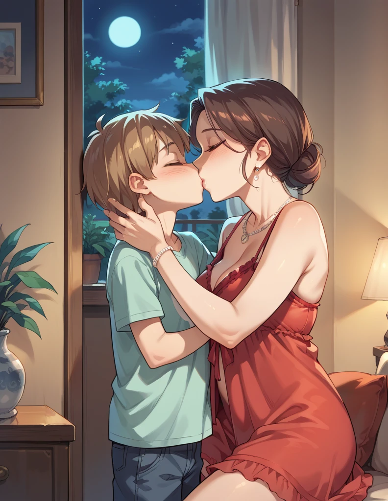 score_9, score_8_up, score_7_up, source_anime, 1boy, 1girl, mature female in a sexy red negligee, necklace, mother and son, kid, kissing , romantic, night time, in the living room, against the wall