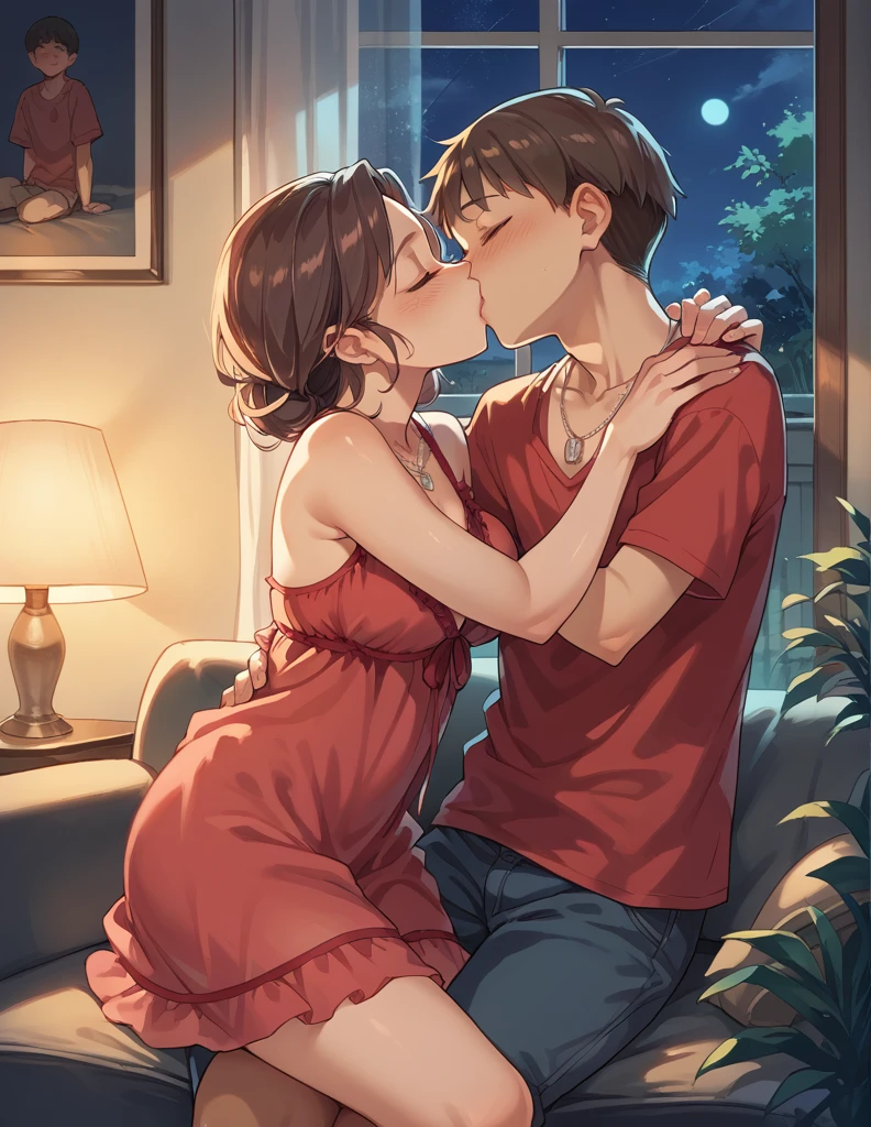 score_9, score_8_up, score_7_up, source_anime, 1boy, 1girl, mature female in a sexy red negligee, necklace, mother and son, kid, kissing , romantic, night time, in the living room, against the wall