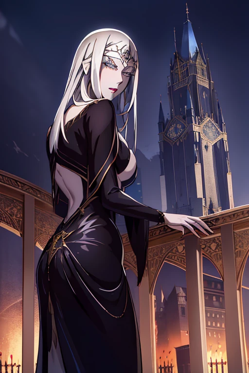 carmilla, medium breasts, black dress. by white, beautiful face, blue eyes, (masterpiece:1.2), Best Quality, absurdities, High resolution, extremely detailed wallpaper, perfect lighting, from below, blue eyes, castillo, view of the castle, outdoors, de evening, evening, at night, ((silver mask))