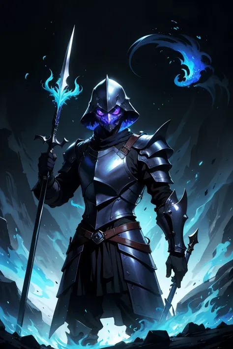 Enchanted Black Plate Armor, wrapped in blue and purple fire, with a halberd having a tea and a black glow coming out of the armor (A man)