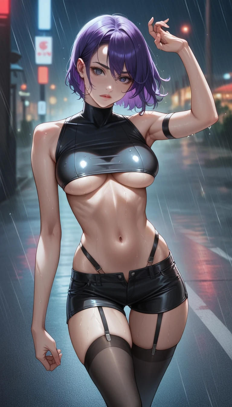 Masterpiece, realistic art, dynamic angle, dynamic pose ,slender toned build, pale skin, striking purple hair,Deep eyes, beautiful face, wears a tight, black leather outfit with numerous straps and buckles ,cropped top that exposes her midriff , pair of short shorts with garter belts attaching to thigh-high stockings,rainy street, asphalt, white back light, night ,wet, underboobs 