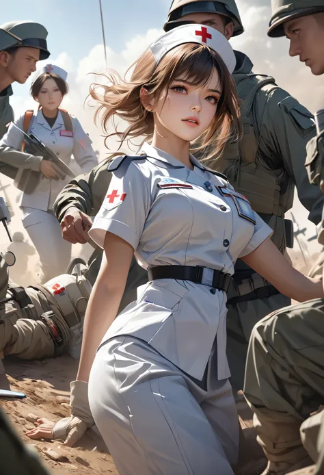 a battle nurse, lone, nursing soldiers on the battlefield, clean and high-performance nursing uniform, very tight and agile, holding modern weapons like a syringe, attractive appearance seducing the enemy, supporting the fight against deadly diseases, BREAK field medical care, overcoming adversity, (best quality,4k,8k,highres,masterpiece:1.2),ultra-detailed,(realistic,photorealistic,photo-realistic:1.37),cinematic lighting,dramatic shadows,dynamic pose,penetrating gaze,vivid colors,intricate details,epic battle scene