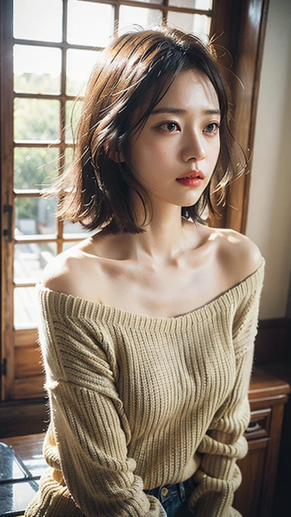 (Best Quality, 8k, 32k, Masterpiece, UHD: 1.2), Cute Japan Woman Pictures, Big Breasts, Very Short Bob Hair, Upper Body, Face Focus, oversized_sweater, Necklace, Simple Background, From Above, Look at the Viewer, Beige Off-Shoulder Knit, Openwork Knit, Big, Disheveled Hair, Xiyang, Backlit, Xiyang Leaking Through Hair, 1 person, Standing in an antique café, Saiyo leaking through the window