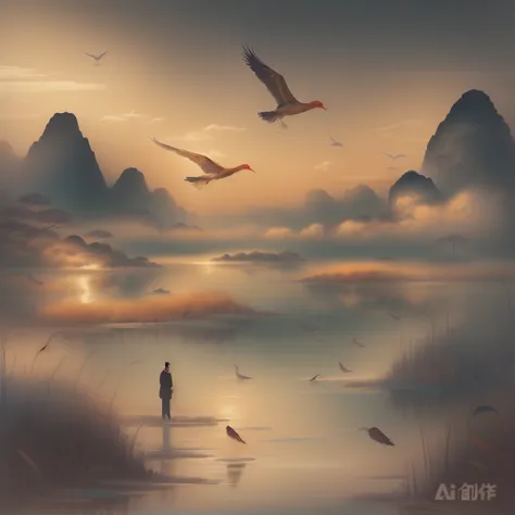 high quality，chinese style，poster design，in the painting, a man stands in the swamp and observes the environment，character enlar...