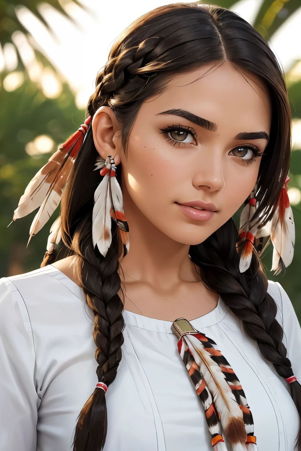 score_9, score_8_~ over, score_7_~ over, score_6_~ over, classification_clear, 1 girl, ((25 years:1.2)),(best quality,high resolution,Ultra - Detailed,In fact),Native American, (wild indian native american:1.4), adult, full lips, big bright eyes, (Native Indian Long Braid:1.4) ,(native indian feathers :1.4), (facial details: 1.5, bright brown eyes, beautiful face, pretty eyes, iris coating, Small lips: 1.5, slim body, pale and sharp eyebrows, long, dark eyelashes, double tap),(Perfect hand detail : 1.4 ), closeup upper body, hands behind, mandy moore, traditional indian clothing., smile