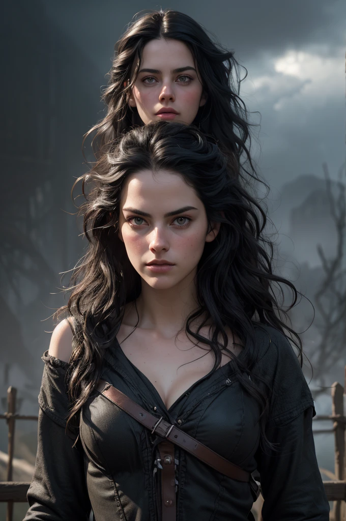 (masterpiece, absurdres, highres, ultra detailed), 1woman, wavy dark hair, adult, black eyes, focus,handsome face, yennefer the witcher, charming, detailed eyes and face, angry expression, sky background, looks like Kaya Scodelario, ghostly ethereal look