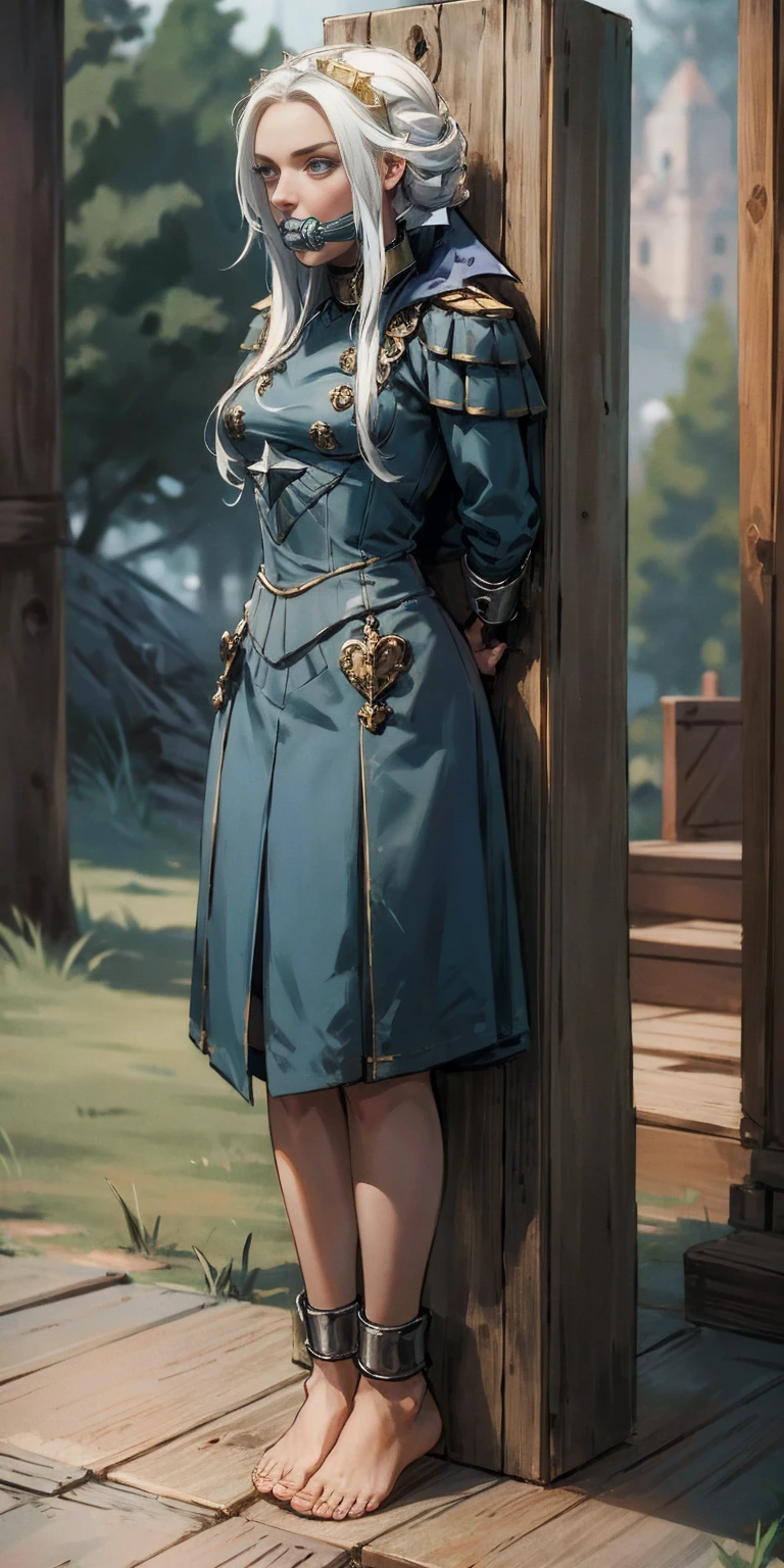 (masterpiece, best quality), intricate details, 1girl, Princess Edelgard von Hresvelg, (standing full body toe to head by wooden pole:1.2), iron collar, arms behind back, iron cuffs, shackles, bound, cleave gag
