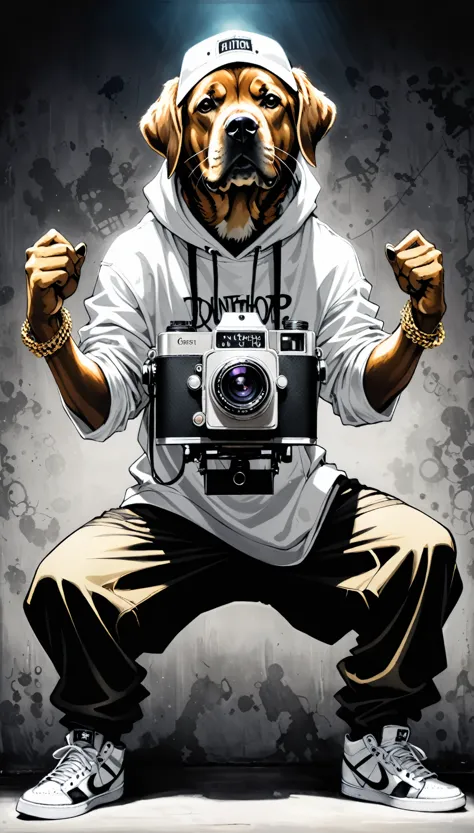 in style of Santiago Caruso,in style of Mike Azevedo，(Anthropomorphic Photography camera)，Photography camera as head, Huge woofers, Hip hop style trends, hip hop classic clothing，Dynamic poses，Hip-hop pose，Self-luminous, The dominant hip-hop cult