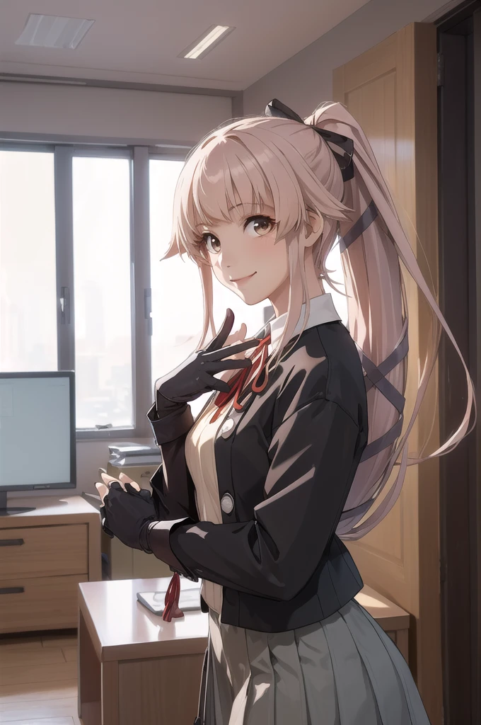 (masterpiece, Highest quality:1.2), alone, One girl, (Yura Kai-2), smile, View your viewers, (indoor, office, living room), , ponytail, Hair Ribbon, , Jacket, Seraphim, Neck ribbon, Black gloves, Partially fingerless gloves, Grey Skirt 