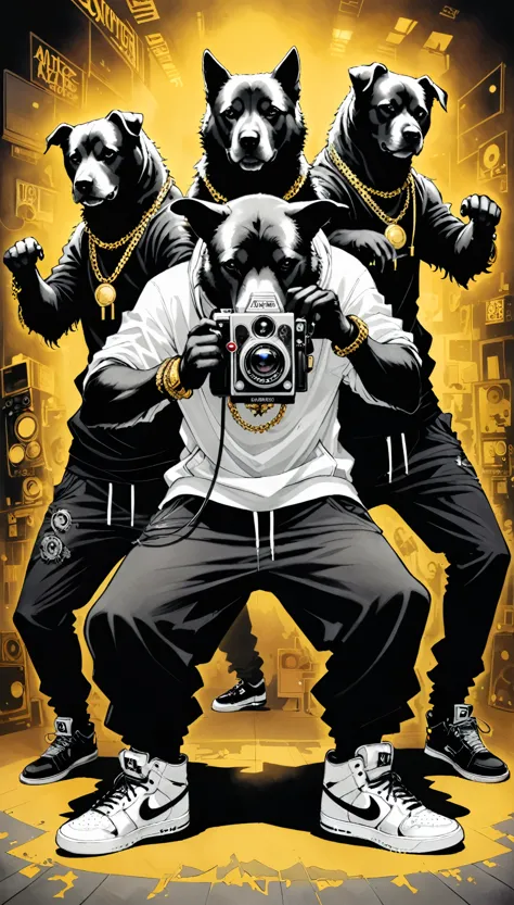 in style of Santiago Caruso,in style of Mike Azevedo，(Anthropomorphic Photography camera)，Photography camera as head, Huge woofers, Hip hop style trends, hip hop classic clothing，Dynamic poses，Hip-hop pose，Self-luminous, The dominant hip-hop cult