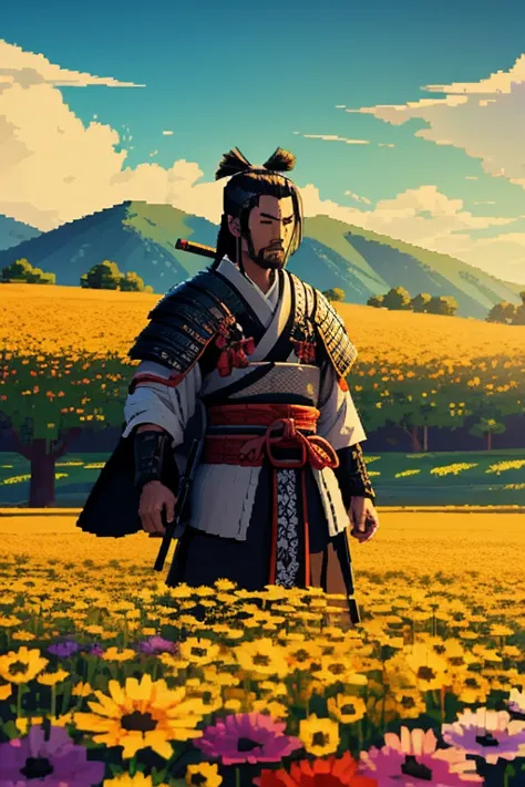 samurai, flower field, sunny day, pixel art