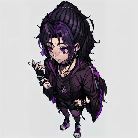 Kizi, 20 year, short wavy hair, purple hair on the back of the neck, ear piercing, black leagwear, purple all star tennis shoes, necklace with a moon pendant, rings on the right hand on the index and ring fingers.