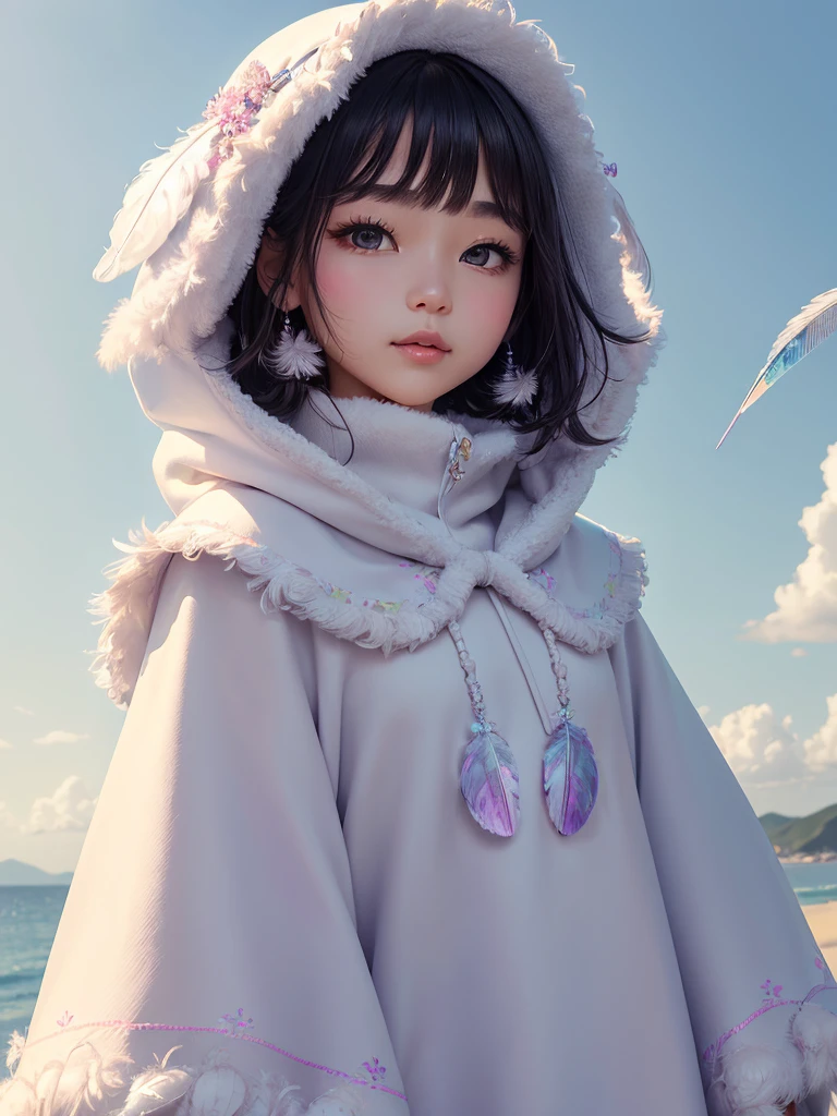 Highest quality、masterpiece、Ultra-high resolution、１People Girls、lips、Sparkling Eyes、Adorable(((A poncho with a neck design that incorporates fluffy feathers)))、Pastel color gradation、Bright colors、Fantasy、Lightness、detailed、Sharp focus、Enveloping kindness