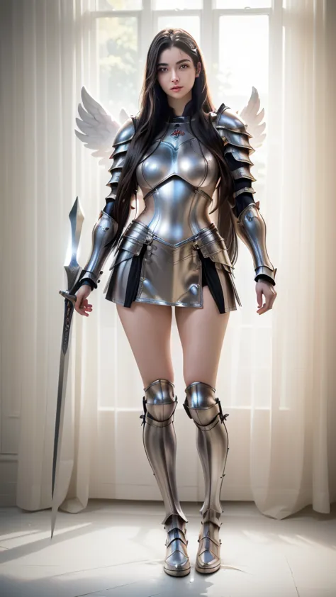 There is a woman in a silver costume standing on a bed, female knight armor, skintight silver armor, with sleek silver armor, dr...