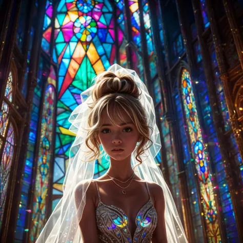  (Cathedral from below:1.28) (ZoomLayer) TopQuality 8K masterpiece of ((Professional photo)), (((Clarisse de Cagliostro))) (Detailed White WeddingDresses), Chain, (((Extremely detailed KAWAII face))) {((VeiledFace))|BlondeHair|(Elaborate BuleEyes)with(SparklingHighlights:1.28)}, The background is distant (((Elaborate stained glass))) Rainbow Glass, {(MysticSight)|EnchantingAtmosphere|Haze|(GodRays)|TyndallEffect}, Radiant PearlSkin with Transparency, (Exposed:0.39)
