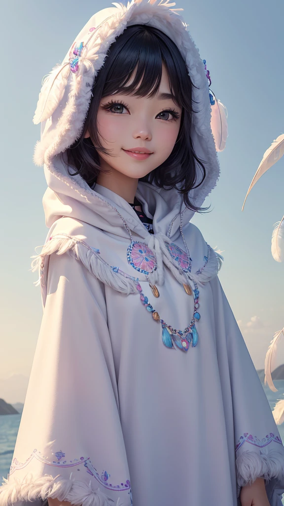 Highest quality、masterpiece、Ultra-high resolution、１People Girls、lips、Sparkling Eyes、Adorable smile(((A poncho with a neck design that incorporates fluffy feathers)))、Pastel color gradation、Bright colors、Fantasy、Lightness、detailed、Sharp focus、Enveloping kindness