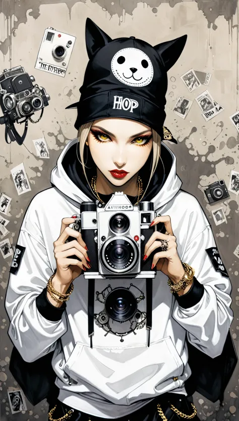 in style of Santiago Caruso,in style of Mike Azevedo，(Anthropomorphic Photography camera)，Photography camera as head, Hip hop style trends, hip hop classic clothing，Dynamic poses，Hip-hop pose，Self-luminous, The dominant hip-hop cult