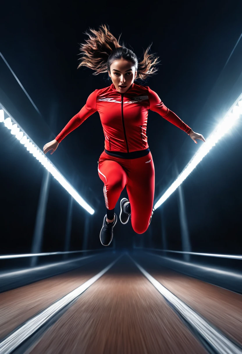 a portrait of photorealistic a girl speed run_ jumping over the camera(jump split stance:0.6) in stunning moment with a heavenly transition movement backgound, sport movement(hyper speed trail:1.8), high speed event, light trail behind her, view from ground(ground camera:1.5), run_jump over camera, red black sport suit, UHD, intricate detailed, 8k, best quality ever, masterpiece, super detailed, unleashed creativity, beyond imagination, dramatic light