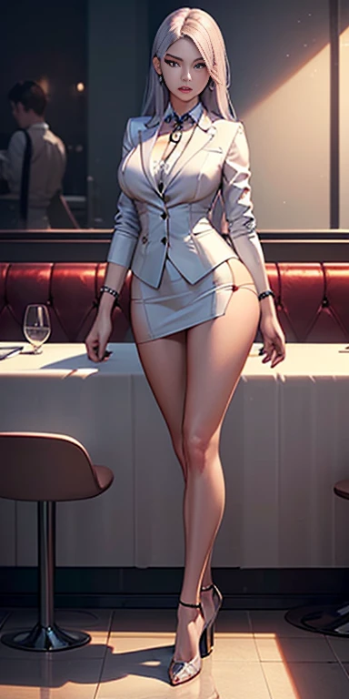 sakuyarindou768, mature woman,(wearing business suit, formal jacket, neck Atar, Atar, White shirt, Skirt, heels, Skirt de cintura alta)( perfect big round breasts, hourglass body, Thin waist, btpt-fc, realistic photo, (Hyper realistic:1)beautiful, masterpiece, Best Quality, extremely detailed face, perfect lighting, detailed eye makeup, face detail, nice detailed eyes, good hands, perfect hands (Realistic students, realistic iris:1) Heavy eye makeup (working in a restaurant, background restaurant)