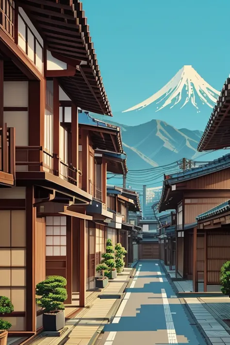 neighborhood of old japanese style houses, pixel art