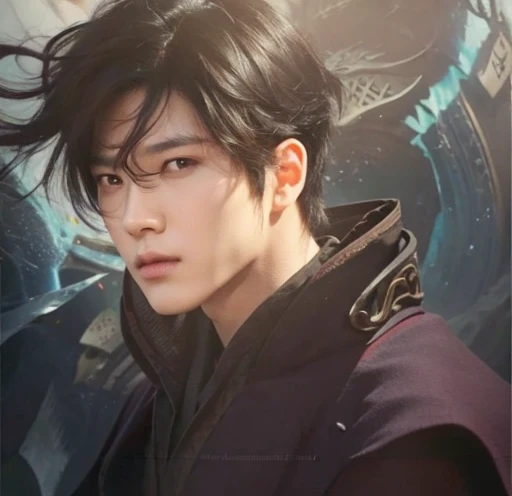 1male with realistic black hair, exactly the same hairstyle, realistic Korean handsome face, realistic cool expression, realistic cold eyes, exactly the same clothes,Realistic light, realistic shadows, realistic background, wearing high collared fantasy robes