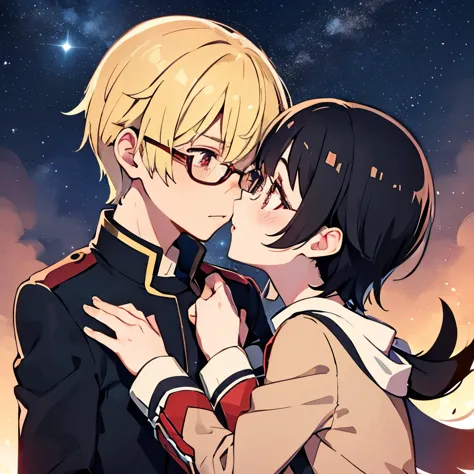 1 boy with black hair, Red jacket and glasses romantically kissing a girl with blonde hair and red eyes.. bright night sky in th...