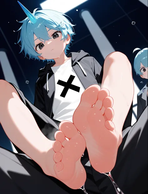 wallpaper,A cute boy showing his feet at a low angle，barefoot，这个男孩有一头蓝色的短发和black eyes，There is a blue horn on the head，black eyes，White T-shirt，Black jacket and black pants，best quality, Very detailed, masterpiece, Extremely detailed, illustration,Foot Focus，Sweating on the soles of the feet，Water dripping from the soles of feet，Good feet，Detailed background，Confused expression，Steam around feet，Pink feet，Pink soles，The soles of the feet are very red