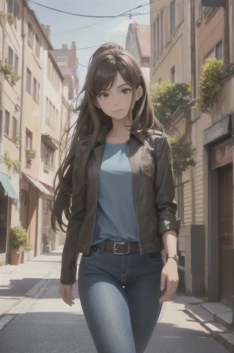 a 14 year old girl with long light brown hair, wearing a blue shirt with the initial L, walking on the street, (best quality,4k,...