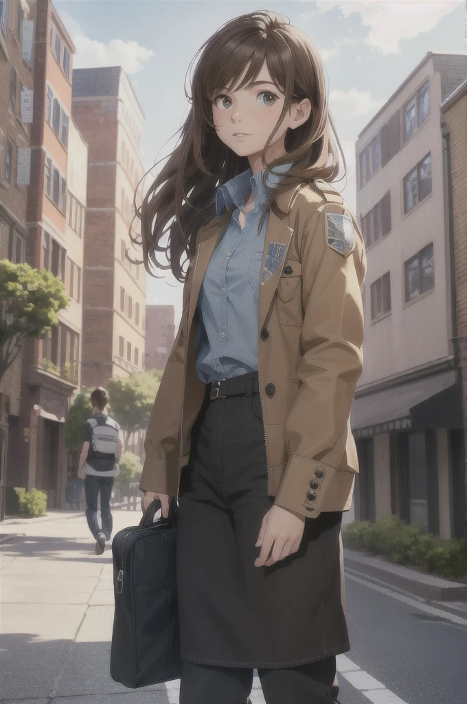 a 14 year old girl with long light brown hair, wearing a blue shirt with the initial L, walking on the street, (best quality,4k,8k,highres,masterpiece:1.2),ultra-detailed,(realistic,photorealistic,photo-realistic:1.37),beautifully detailed face, beautiful detailed eyes, beautiful detailed lips, extremely detailed eyes and face, long eyelashes, full body shot, natural lighting, cinematic, highly detailed environment, city street, detailed buildings, detailed road, detailed sidewalk, detailed trees, detailed sky