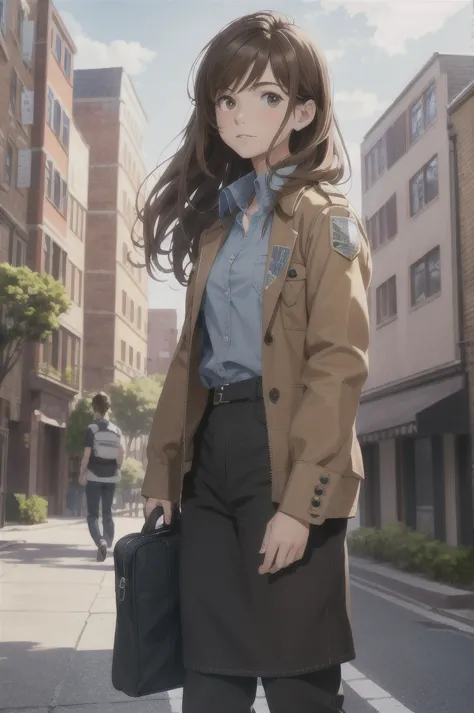 a 14 year old girl with long light brown hair, wearing a blue shirt with the initial L, walking on the street, (best quality,4k,...
