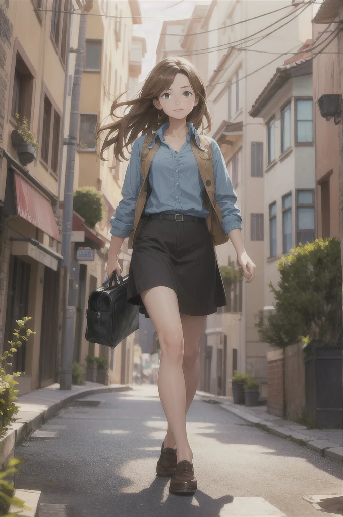 a 14 year old girl with long light brown hair, wearing a blue shirt with the initial L, walking on the street, (best quality,4k,8k,highres,masterpiece:1.2),ultra-detailed,(realistic,photorealistic,photo-realistic:1.37),beautifully detailed face, beautiful detailed eyes, beautiful detailed lips, extremely detailed eyes and face, long eyelashes, full body shot, natural lighting, cinematic, highly detailed environment, city street, detailed buildings, detailed road, detailed sidewalk, detailed trees, detailed sky