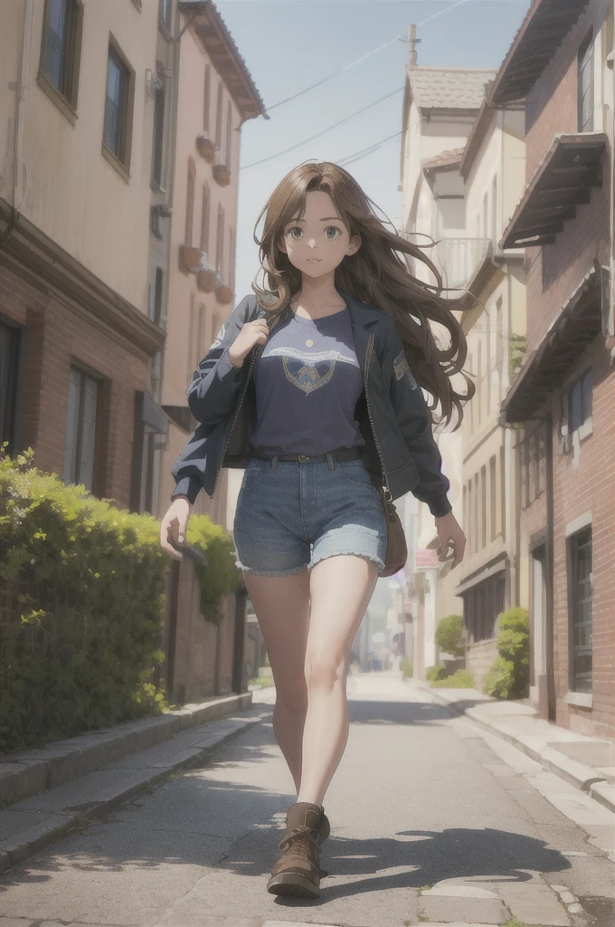 a 14 year old girl with long light brown hair, wearing a blue shirt with the initial L, walking on the street, (best quality,4k,8k,highres,masterpiece:1.2),ultra-detailed,(realistic,photorealistic,photo-realistic:1.37),beautifully detailed face, beautiful detailed eyes, beautiful detailed lips, extremely detailed eyes and face, long eyelashes, full body shot, natural lighting, cinematic, highly detailed environment, city street, detailed buildings, detailed road, detailed sidewalk, detailed trees, detailed sky