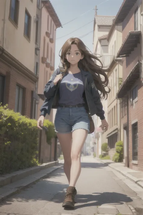 a 14 year old girl with long light brown hair, wearing a blue shirt with the initial L, walking on the street, (best quality,4k,...