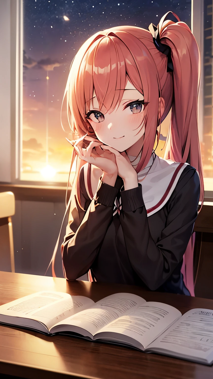 Bangs, Long hair, Hair covering eyes, meditation, Side Ponytail, Anime style, Ultra HD, masterpiece, Textured Skin, high resolution, best quality, A high school girl rests her chin on the table in the library，Open a notebook, night, The setting sun shines through the windows