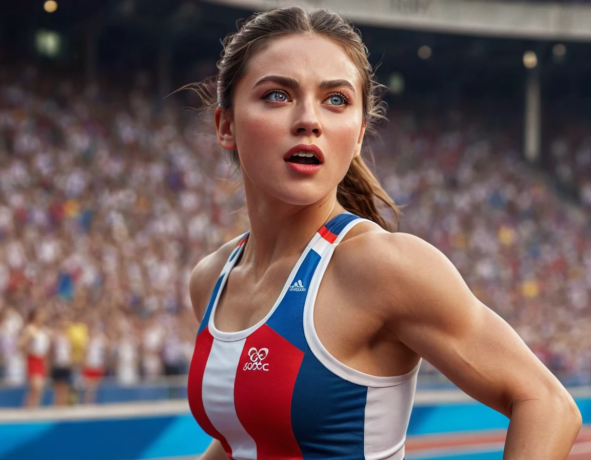 a girl in a olympic games, female athlete, running, 1 girl, beautiful detailed eyes, beautiful detailed lips, extremely detailed face, muscular physique, dynamic pose, sports uniform, stadium, cheering crowd, dramatic lighting, cinematic composition, vibrant colors, epic, dramatic, photorealistic, (best quality,4k,8k,highres,masterpiece:1.2),ultra-detailed,(realistic,photorealistic,photo-realistic:1.37)