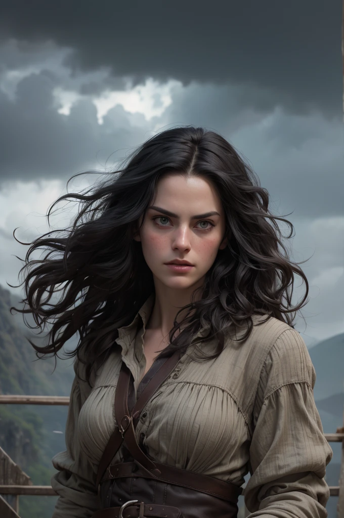 (masterpiece, absurdres, highres, ultra detailed), 1woman, wavy dark hair, adult, hazel eyes, focus,handsome face, yennefer the witcher, charming, detailed eyes and face, angry expression, sky background, looks like Kaya Scodelario, ghostly ethereal look