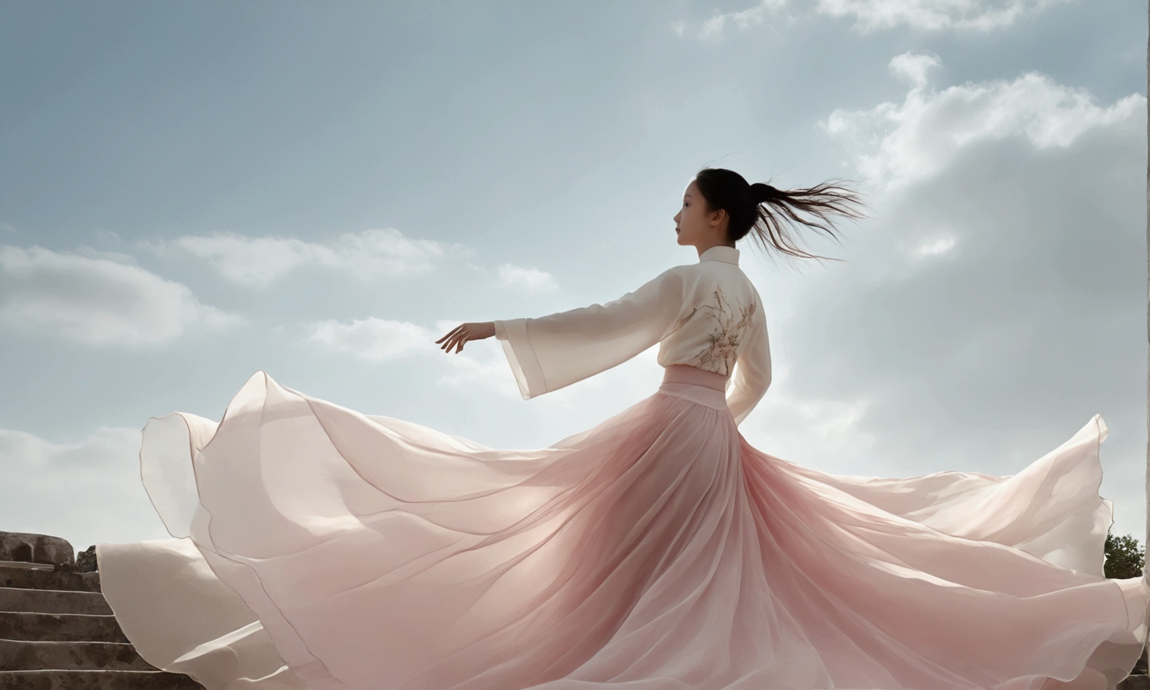 Beautiful dance photography；A little girl，Solitary；A dancing little girl，whole body像；[Black Eyeball，confidence，High and cold，happy]；[Long skirt elegant style，Long sleeve；Set，Light pink and white gradient，Traditional style，The skirt has no pattern，The hem of the long skirt is like petals covering the background,Petal pattern，The background is petals and skirt,]；[Chinese dance]，[[[whole body，Panorama 1.1]]]，front；Composition：The character is on the right side of the screen；Long hair in the wind,advanced sense,Fashion, Still photography, Loop video, Fascinating movement, captivating visuals, Seamless integration, Compelling storytelling, Vortex phenomenon, Angled form, Dynamic Movement, Bold Geometric Shapes, Fragment shape, sharp contrast, Influence of modernism, nature, , modern Art, Astonishing, Unreal Background, Art from (Alessio Albi:1.1), Soft lighting, happy emotion，Extremely detailed,The most beautiful form of chaos, elegant； Simple style；Minimalism。Panoramic photography；Depth of Field, Extraordinary details, masterpiece, high quality, 4K，cinematic lighting, motion blur, depth of field, sparkle, ray tracing, reflection light, anatomically correct, uhd, textured skin, best quality, super detail, highres, high details, accurate, high quality, award winning