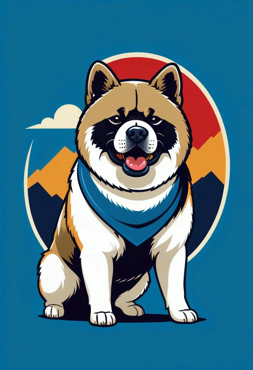 American Akita – a beauty with plush fur and a characteristic dark mask. The breed combines courage, friendliness,  funky, retro, multicoloured,  vintage logo, American Akita dog,athletic sports logo,energetic dynamic pose vintage logo, American Akita dog,athletic logo,energetic dynamic pose, American Akita – a beauty with plush fur and a characteristic dark mask.