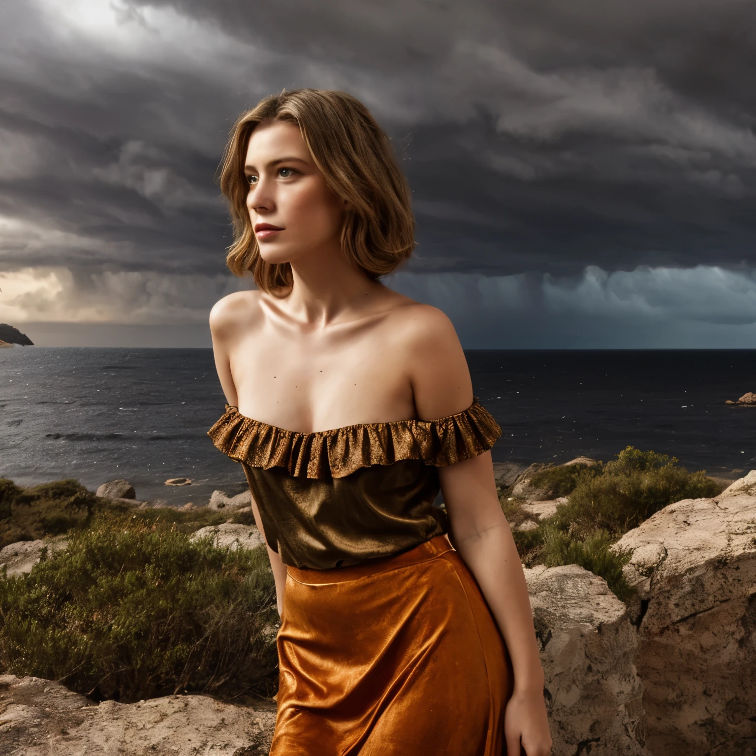 A young woman lies gracefully on the rugged coastline of Ibiza's rural coast, amidst a vibrant yet stormy autumn setting of the 1870s. Her attire consists of a distinctive paisley print off-the-shoulder top and a flowing maxi skirt, both detailed with unique colors and patterns that complement the dramatic autumn scenery. The off-the-shoulder top is crafted from a rich, deep emerald green silk with intricate paisley patterns in bronze and ochre. The fabric's sheen reflects the tumultuous light of the stormy sky, while the off-the-shoulder design reveals her collarbones with delicate elegance. The maxi skirt, made from a soft, rust-colored velvet, drapes around her with subtle movement, its luxurious texture contrasting with the stormy, wind-swept environment. The skirt's hem is adorned with a fringe of muted gold, adding a touch of refinement to the flowing fabric. Her hair is styled in soft, wavy blond locks that fall gracefully around her shoulders. The natural waves are slightly tousled by the strong coastal winds, with the occasional strand catching the dim light of the stormy sky. The buzz-cut at the nape of her neck adds a contemporary twist to her otherwise vintage attire. Her skin is a warm tan, with natural imperfections such as freckles and slight blemishes, highlighted by the golden and grey tones of the overcast sky. The stormy autumn landscape of the rural Ibiza coast is depicted with vivid colors and dramatic elements. The coastline is rugged and rocky, with cliffs jutting out into the turbulent sea below. The trees, mostly Mediterranean oaks and cypress, are in full autumn splendor, their leaves turning a fiery mix of oranges, reds, and deep browns. The storm has sent many of these leaves swirling through the air, creating a dynamic, swirling dance of color around the woman. The sky is heavily overcast with dark, brooding storm clouds, which intermittently release heavy showers and flashes of lightning, adding a dramatic contrast 